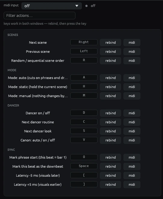 The Keys page: every action with a keyboard binding, a rebind button and a midi learn button