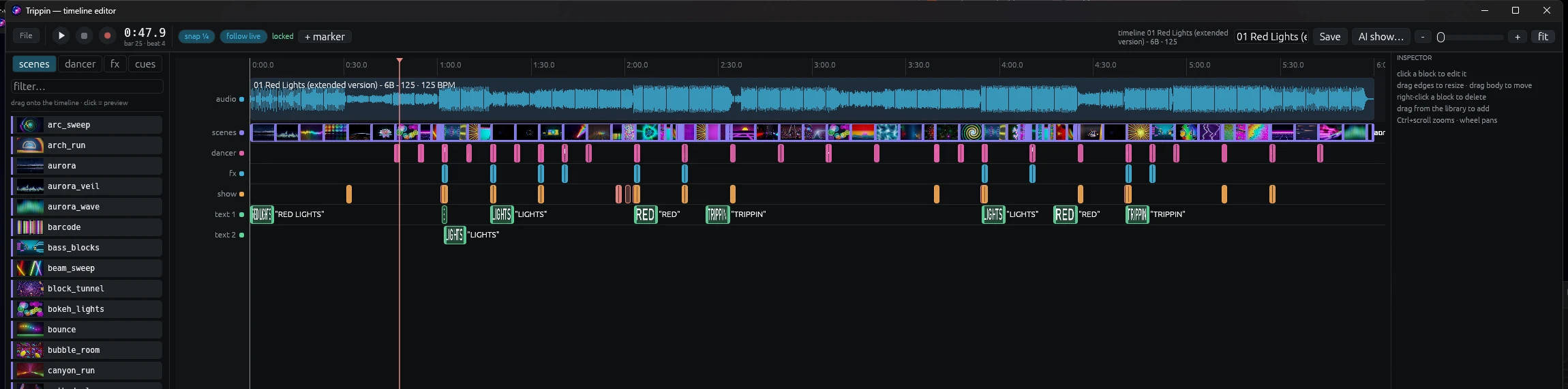 The whole show in the timeline editor: waveform, 130 scene thumbnails, and lanes for dancer, effects and show cues