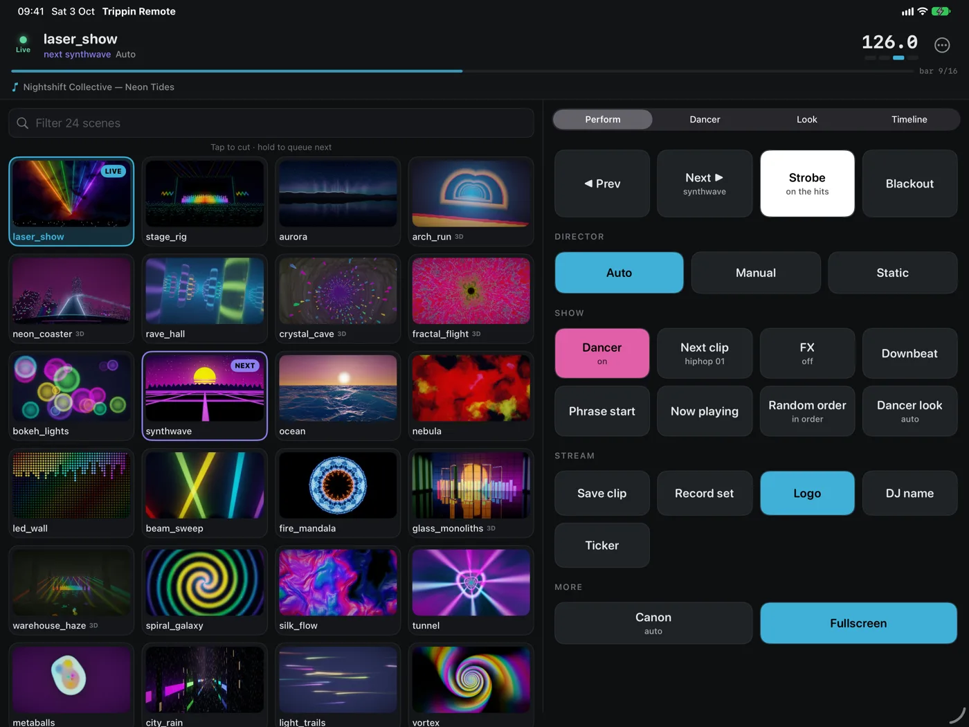 iPad landscape: scene grid beside the Perform pads