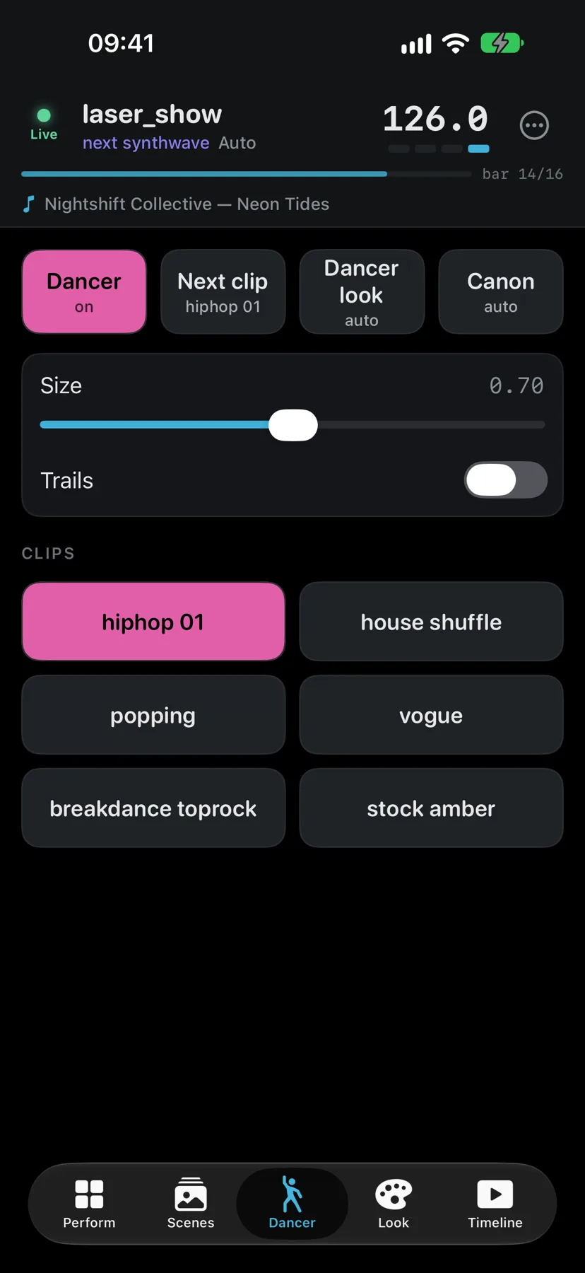Dancer clips, look, size and trails