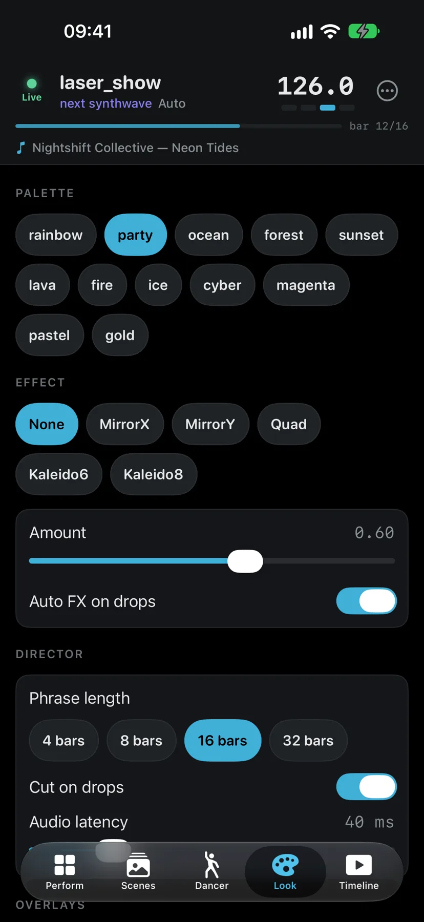 Palette, effects and director settings