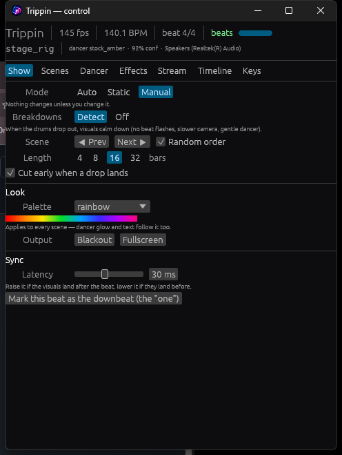 The Trippin control panel showing tempo, scene and look controls